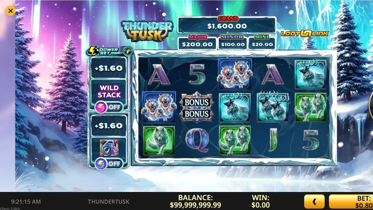 Cenário gelado e pré-histórico do slot Thunder Tusk
